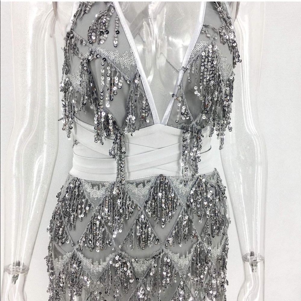 Glitter Sexy Deep V Neck Sequin Beaded Halter Bodycon Mini Nightclub Party Dress - Picture 8 of 10